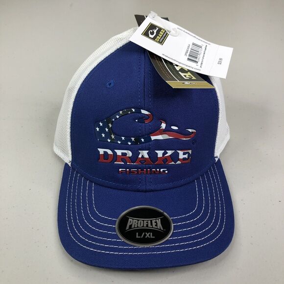Drake DPF Fishing Hat Blue Mens L/XL Stretch Fit Ball Cap USA Flag Logo New NWT - Picture 2 of 8